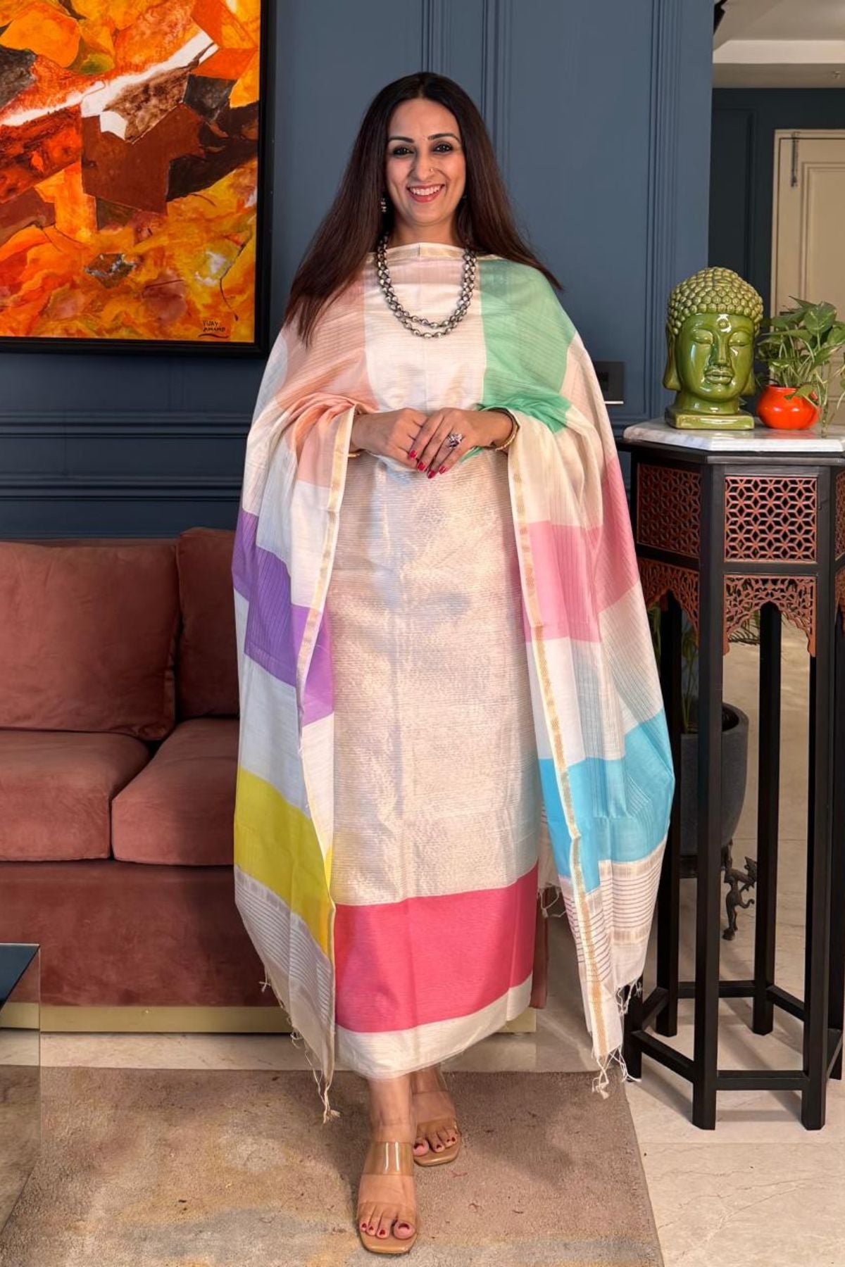 Handwoven Maheshwari silk kurta dupatta set